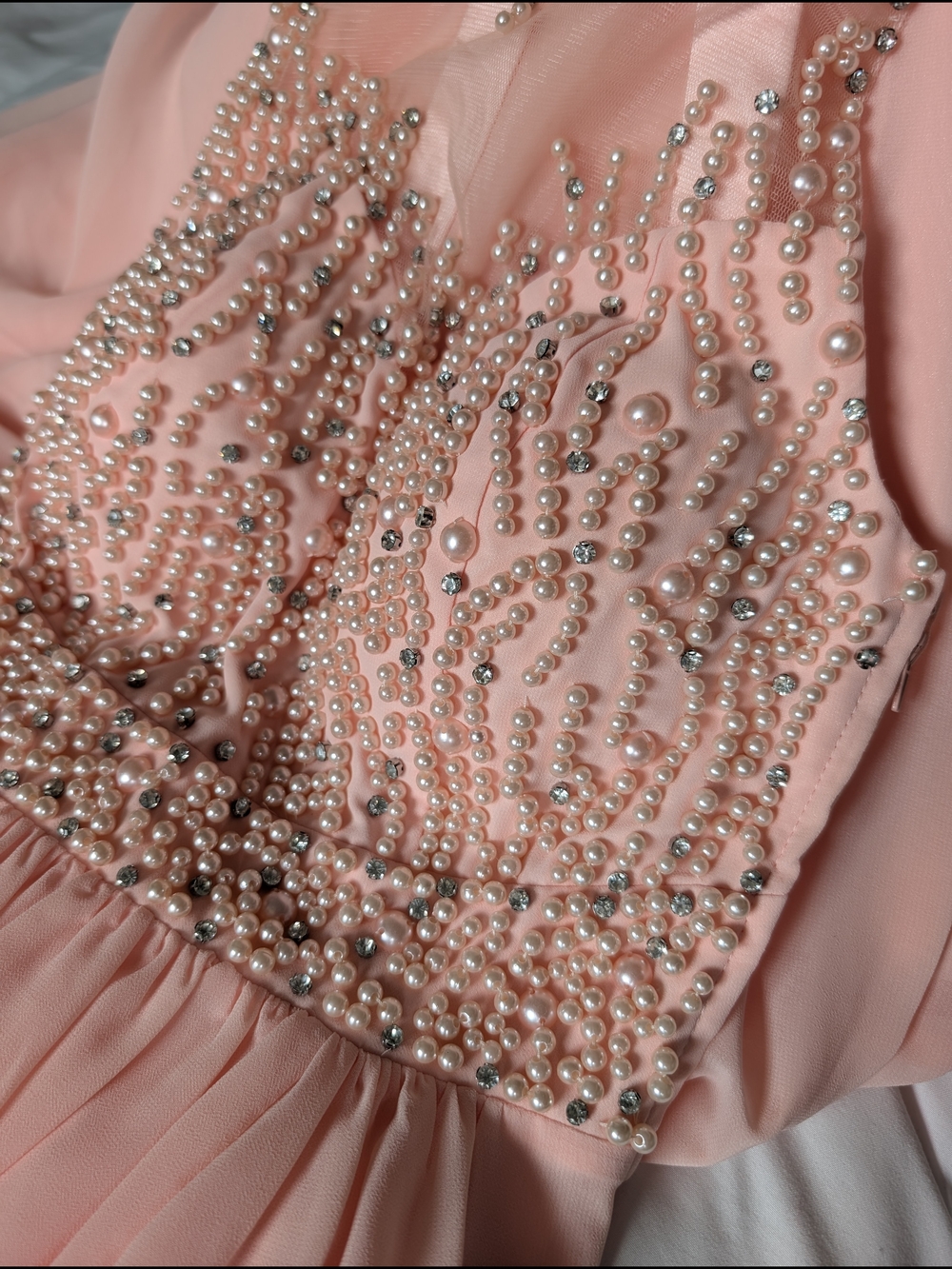 NWT Le Château Blush Pink Pearl Beaded Halter Formal Gown | XXS - Picture 7 of 11